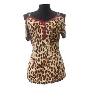 Leopard Print Red Alt Glam Mob Wife Streetwear Punk Cold Shoulder Henley Top S